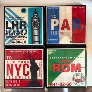 Set of 4 Vintage Travel Luggage Tag Coasters - London Paris NYC Rome